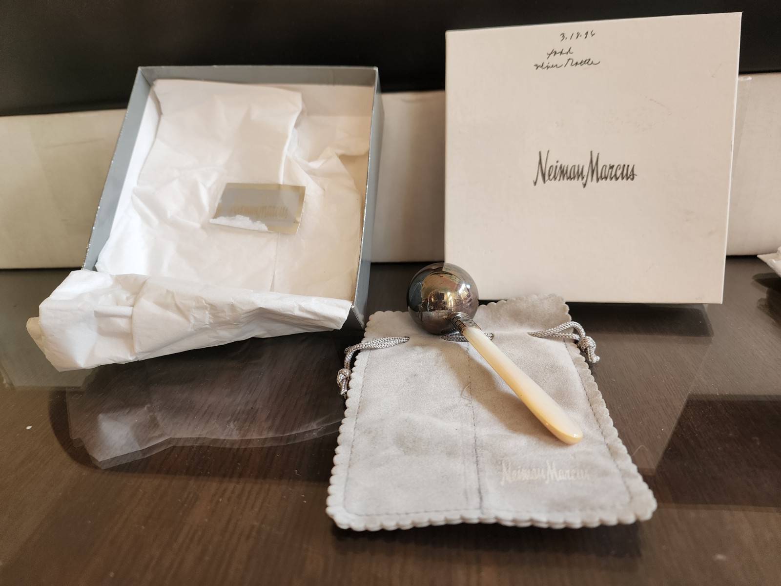 NEIMAN MARCUS STERLING BABY RATTLE W/ MOTHER OF PEARL HANDLE-USA SHIPPING ONLY!