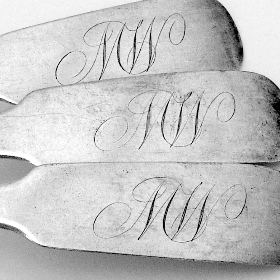 Fiddle Reverse Tipt Spoons Set Andrew Demilt Coin Silver 1800 Mono MW