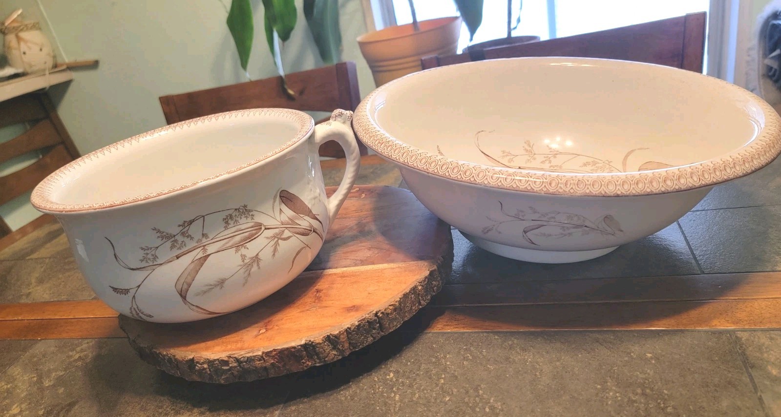 Antique T & R Boote Summertime Pattern Butterfly Chamber Pot & Wash Basin Set 2