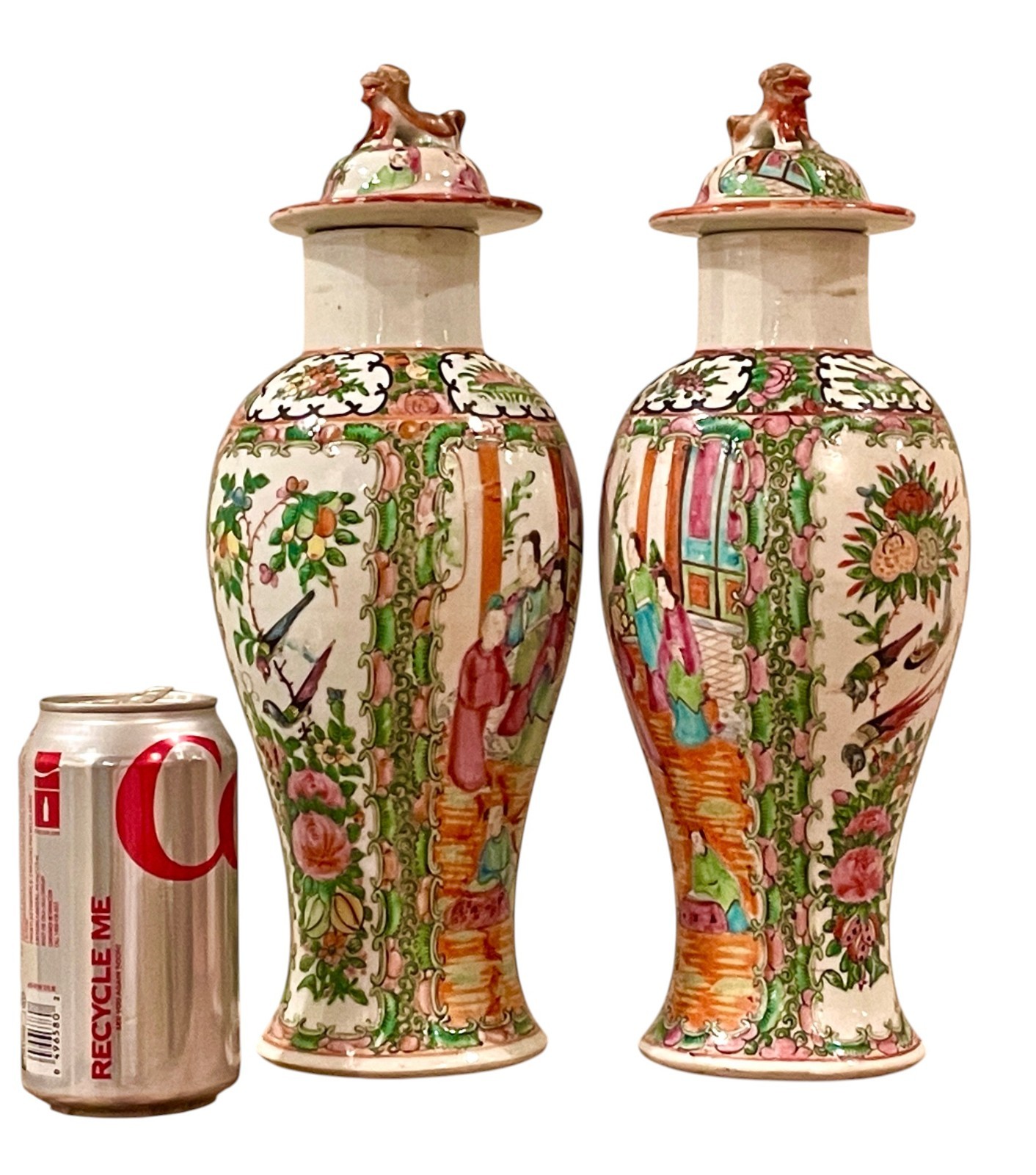 Rare Pair 1800’s Rose Mandarin Baluster Vases 13″ Domed Lids Foo Dog Finials VGC