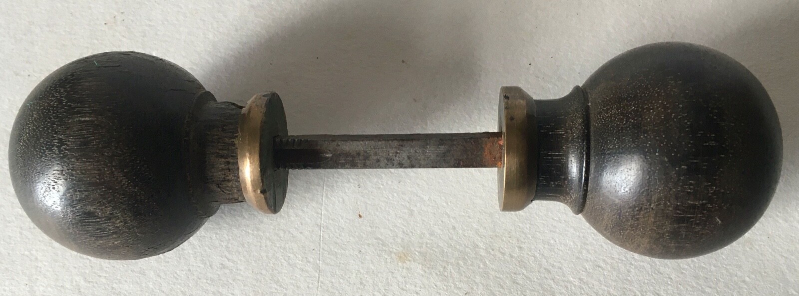 Antique Pair Dark Hardwood With Brass Trim Door Knobs With Spindle 4″