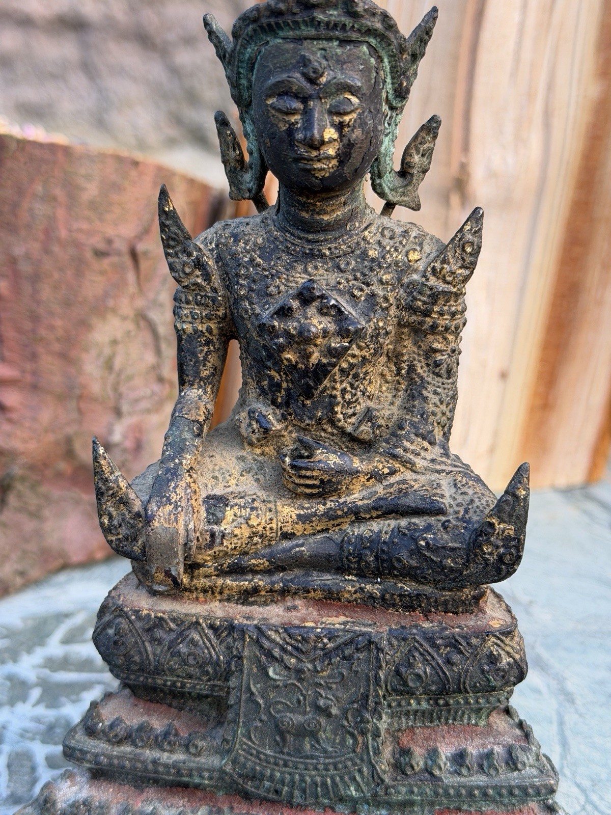 Vintage Thai Bronze Crowned Buddha Statue Ayutthaya Style Gilded Verdigris 16cm