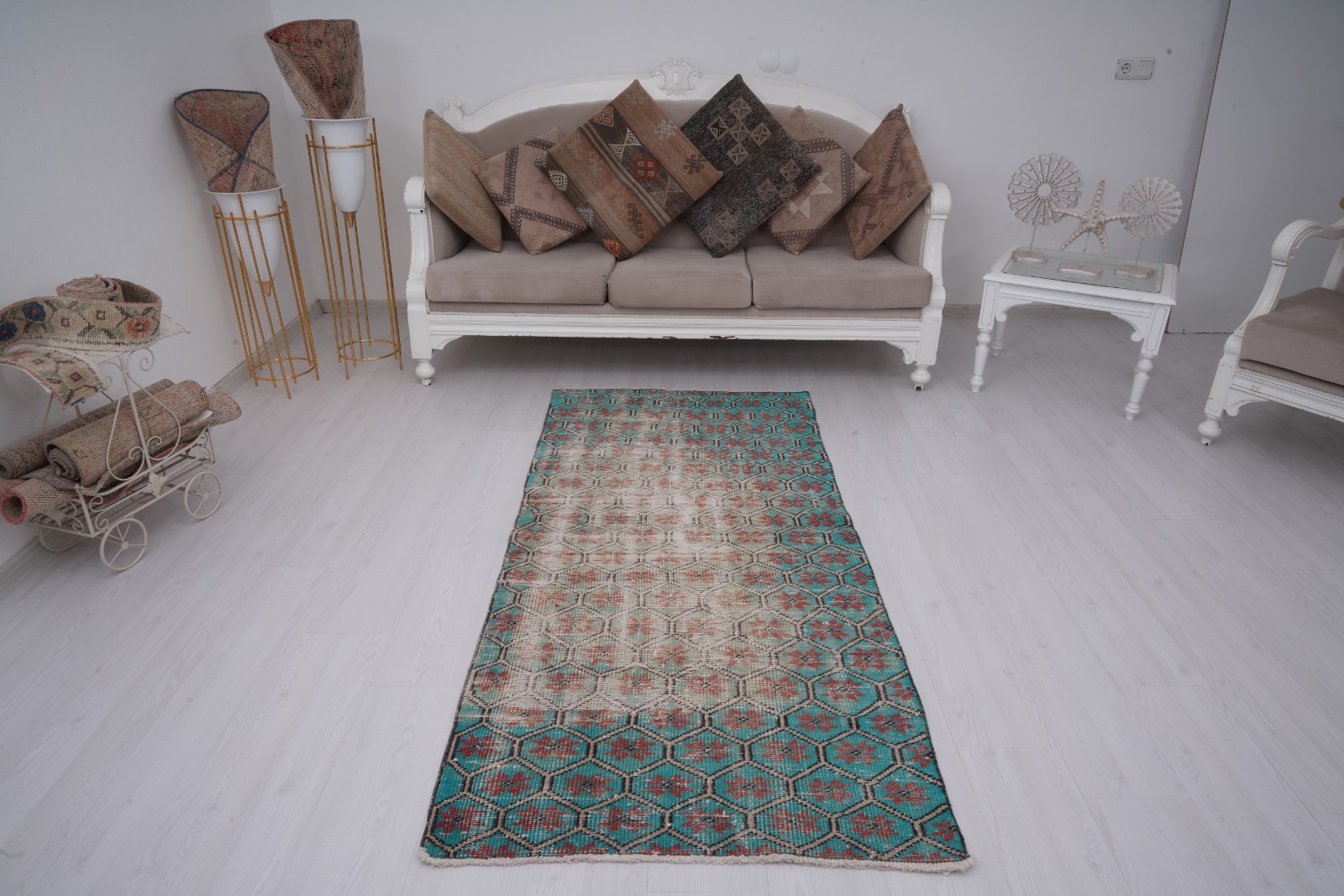 3×6 Turkish Antique Rug Vintage Muted Oushak Carpet Handmade Neutral Carpet 113