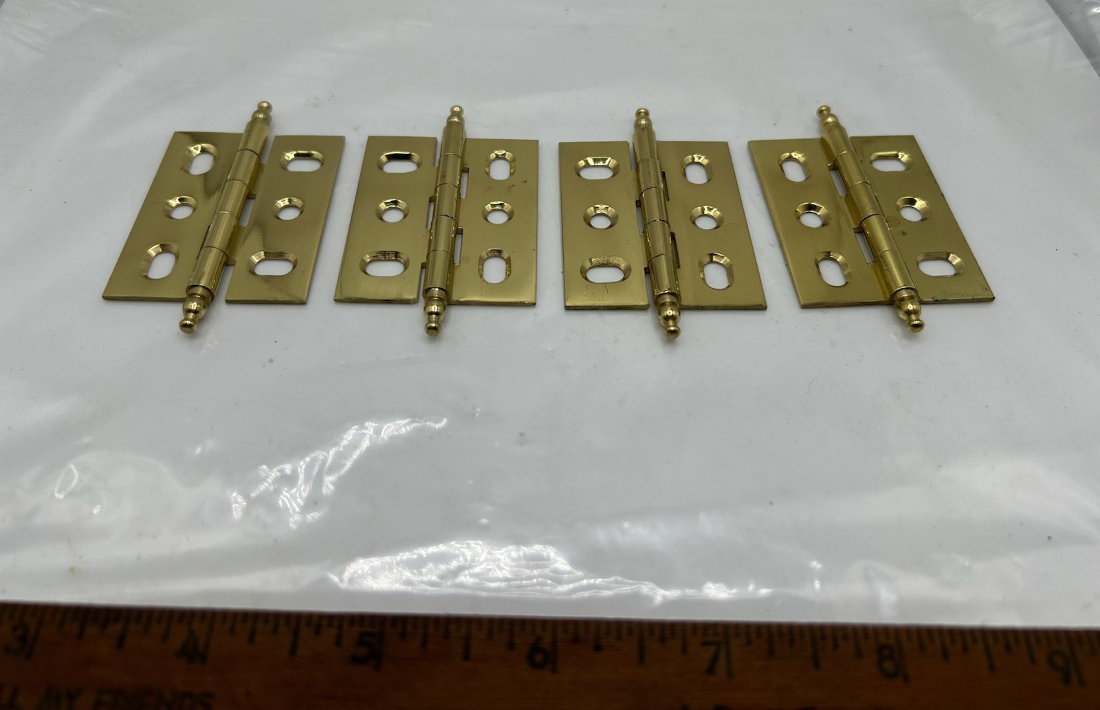 4 VINTAGE BRASS CABINET DOOR HINGES 2 3/4 INCHES TALL X 1 5/8 INCHES WIDE