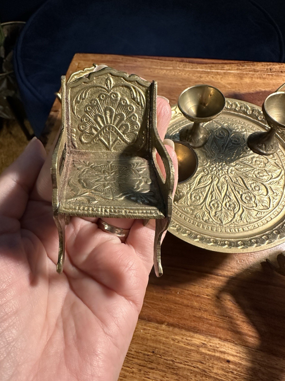 Vintage Brass Miniature Middle Eastern Coffee Table Set With Chairs & Goblets