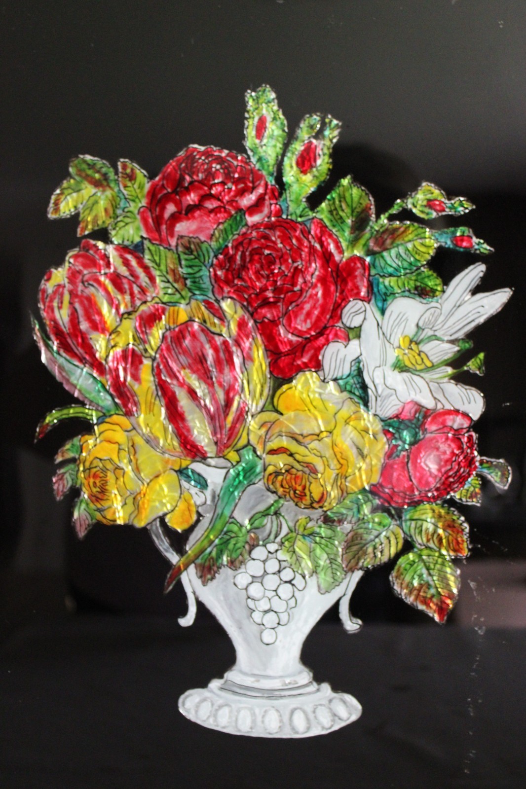 RARE ANTIQUE FOLK ART TINSEL FOIL PAINTING FLOWER BOUQUET URN GOLD WOOD FRAMED