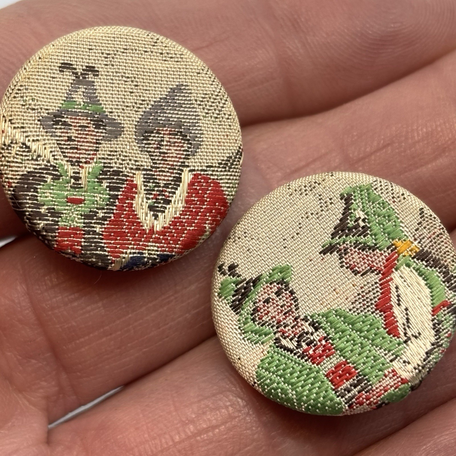 Antique Textile Buttons Silk Thread Back Swiss Couple Craft Novelty Multi Color