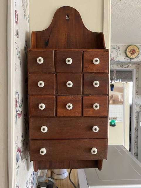 LATE 1800S EARLY 1900S HANGING SPICE BOX WITH 9 SMALL DRAWERS AND 2 LARGE DRAWER