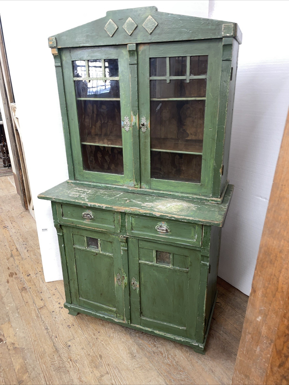 Antique Continental primitive Kitchen cupboard Early Green paint