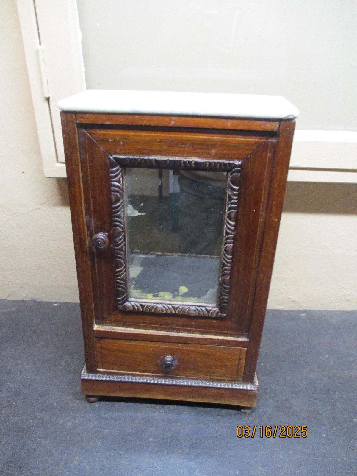 Antique Doll Armoire French With Mirror Door/Drawer/Marble Top