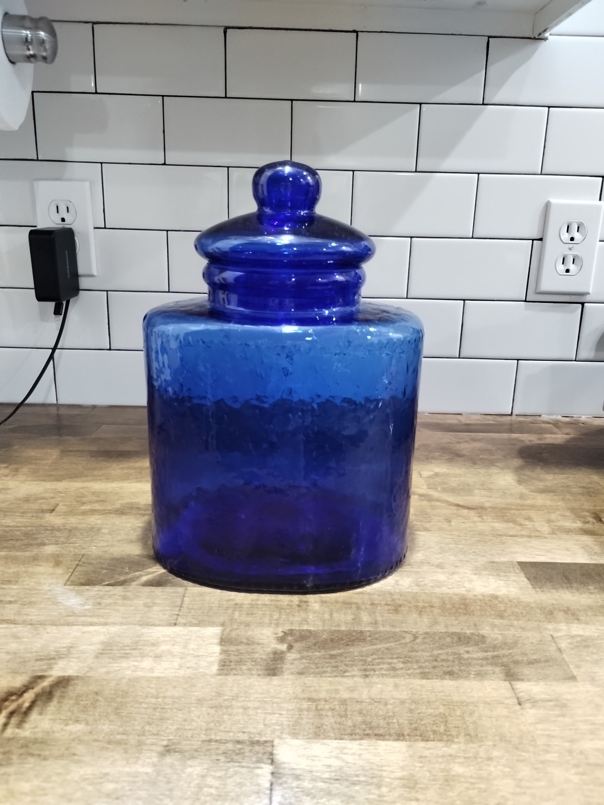Vintage Cobalt Blue Art Glass Apothecary Jar with Lid, Blown Glass Canister