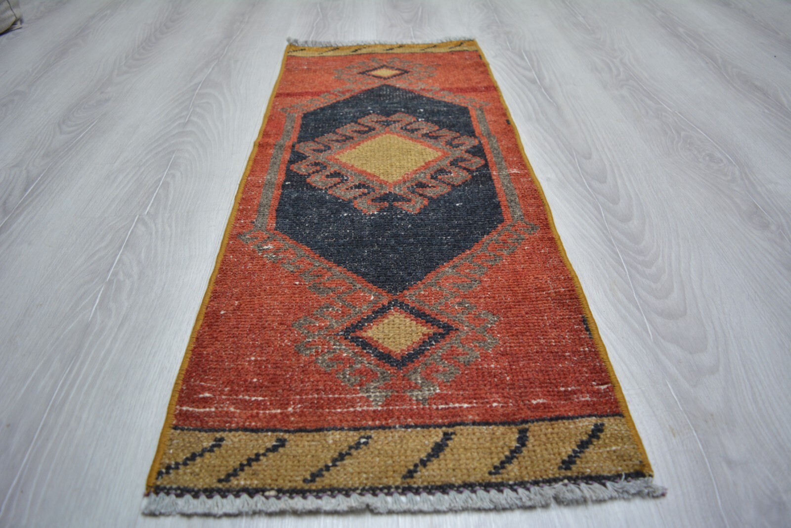 Red Antique Handmade Rug, 1.2×3.2ft, Turkish Geometric Rug, Vintage Door Mat,