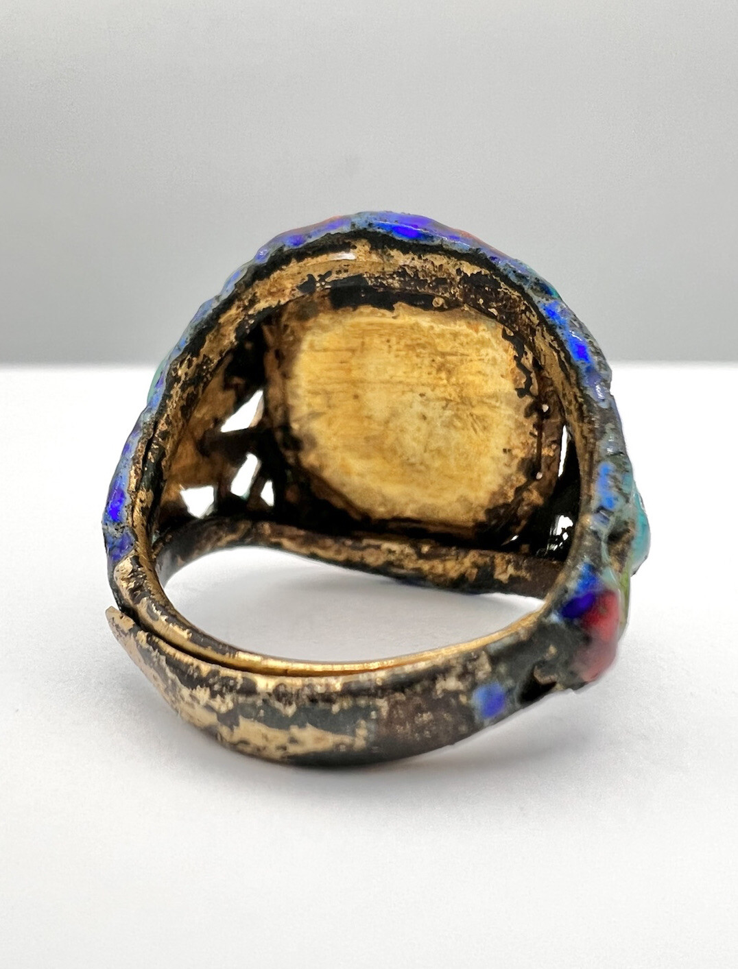 Antique Old Chinese Silver Multi Color Enamel Hand Painted Panel Adjustable Ring