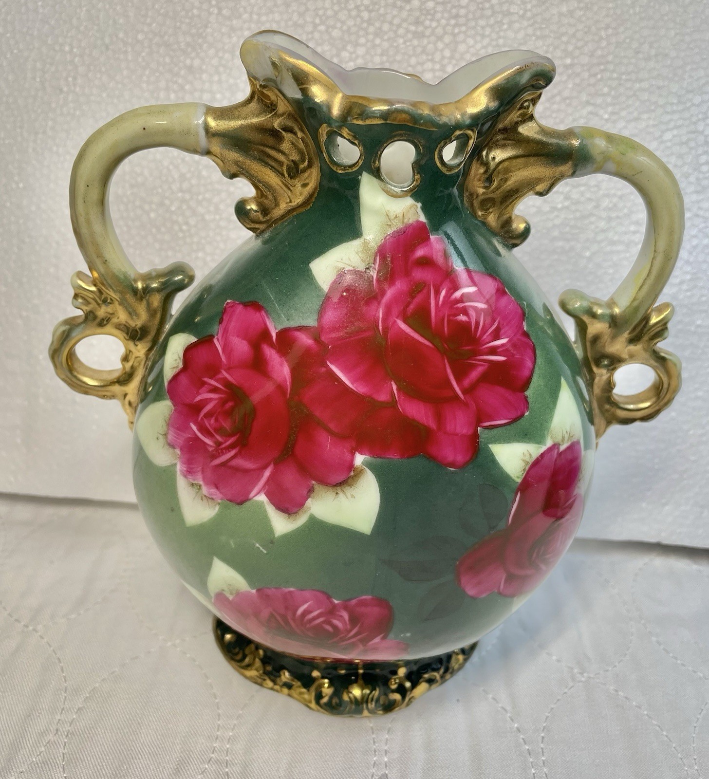 Antique Japan Nippon hand painted Vase, porcelain, 2 handles, deep green/rose
