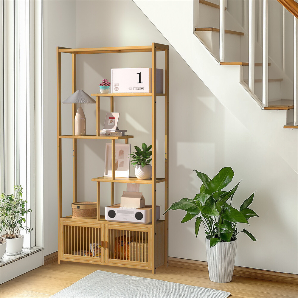 6-Tier Bookshelf w/ Cabinet Bamboo Tall Chinese Vintage Display Etagere Shelves