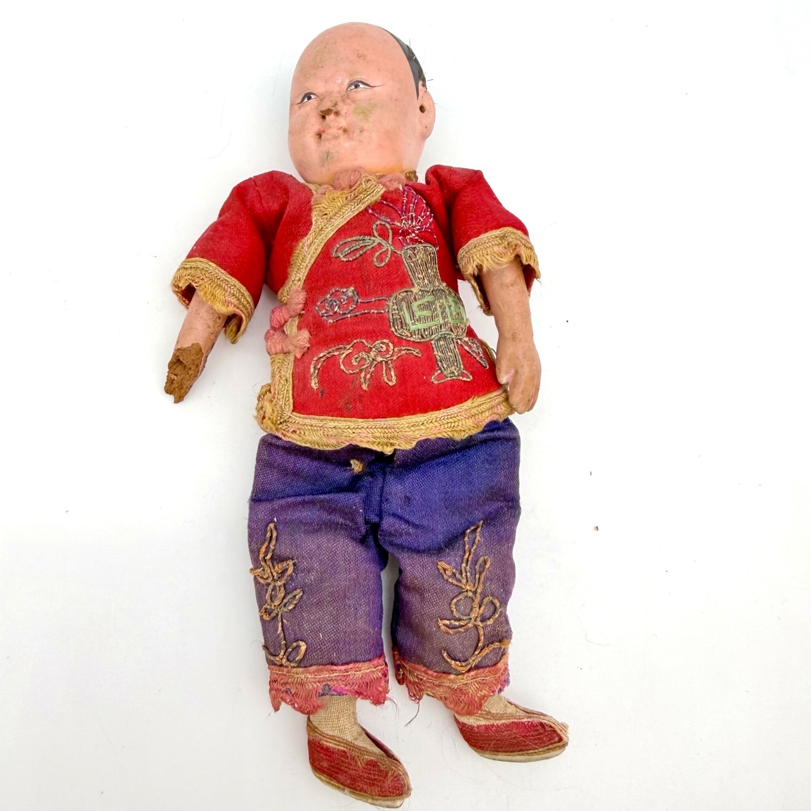 Antique Chinese Papier Mache Boy Doll 1920s VTG Embroidered Silk 7.5in Repair