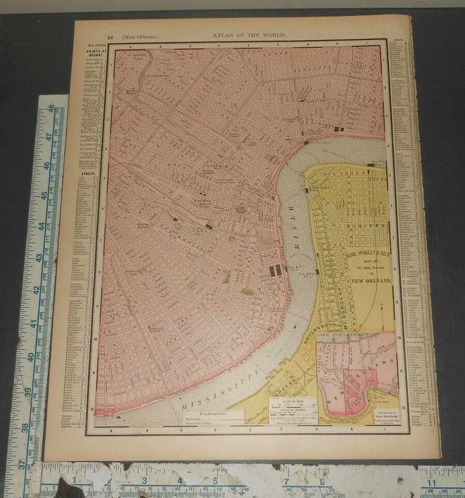 Original 1898 Rand McNally Map New Orleans/Louisiana
