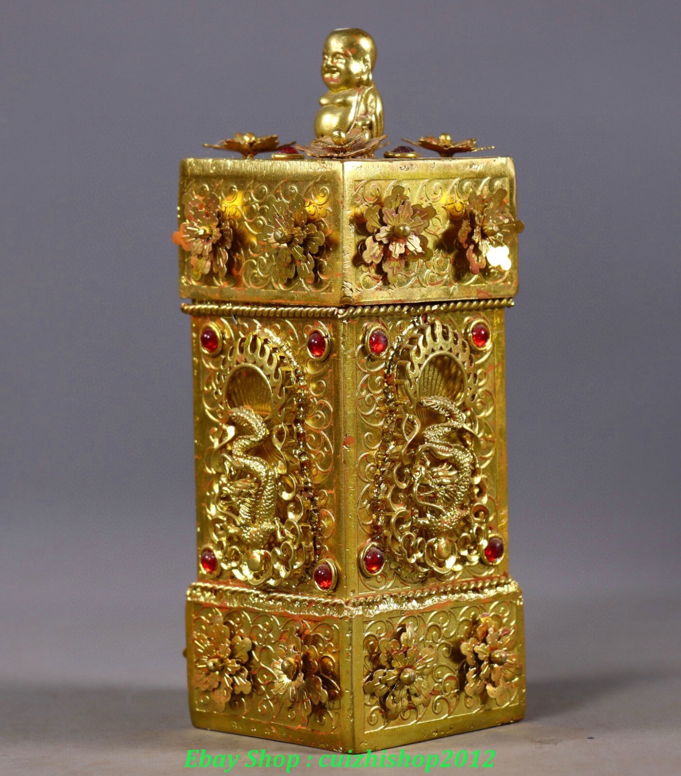 32.7”Qing Dynasty Bronze Gilt Inlay Gems Dragon Buddha Confucian Classics