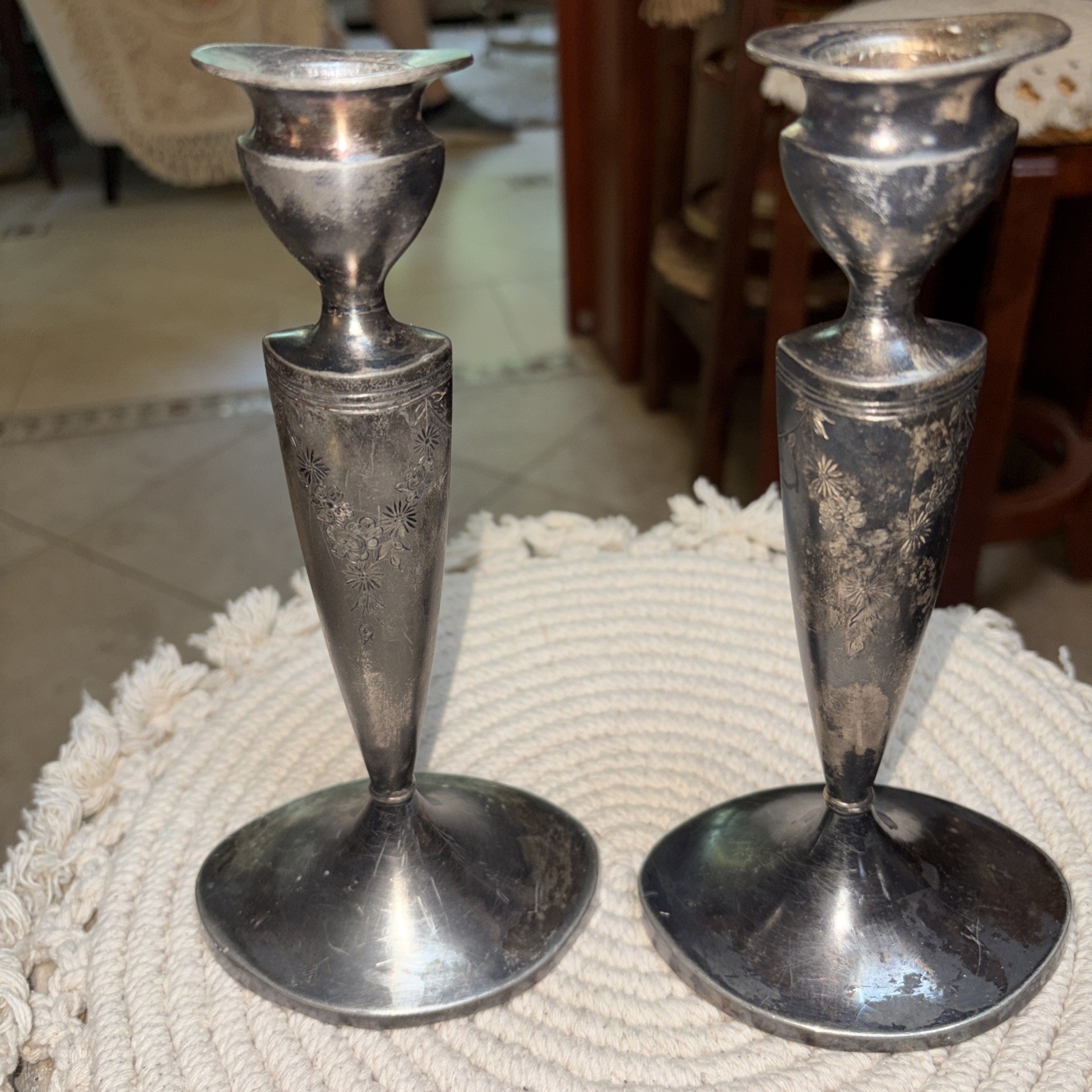 Set Pair 2 Antique Pairpoint Quadruple Silver Plate Candlesticks Etching 6136