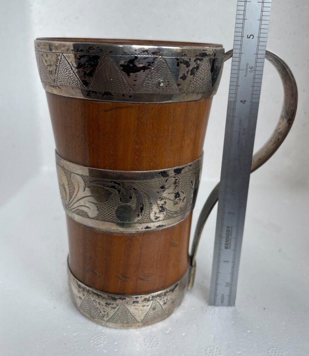 antique woodenware treen & white metal beaker of unknown origin reenactment etc