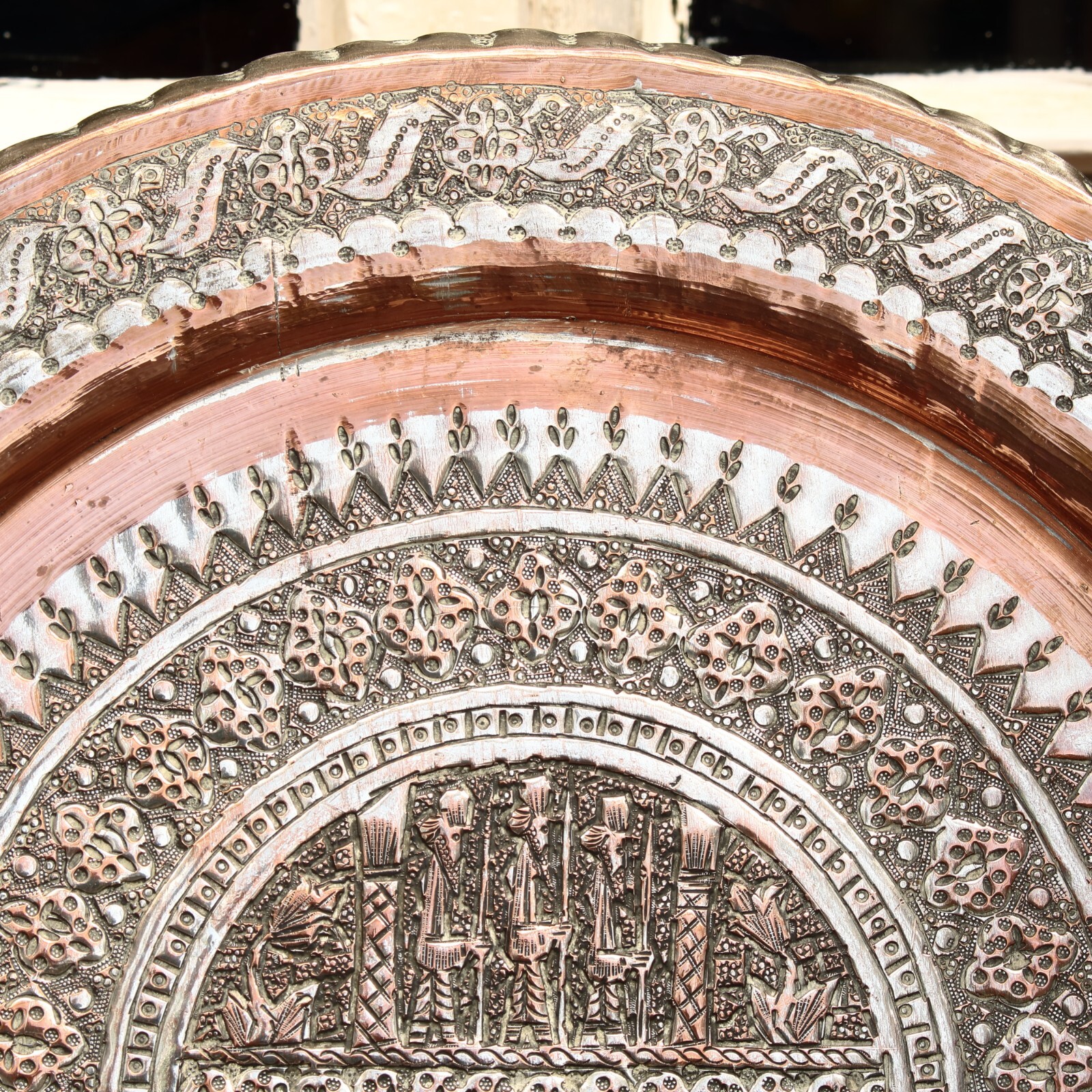 Middle Eastern Tinned Copper Tray Hand Hammered Decorations, 39cm Wide