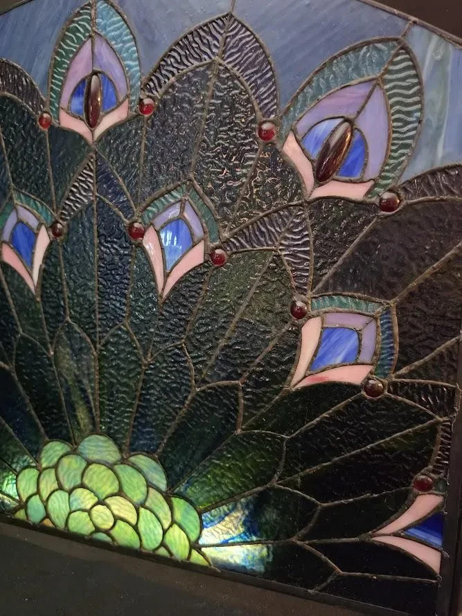Antique Unique Handmade Peacock Stained Glass 20″ Tall Fireplace Front