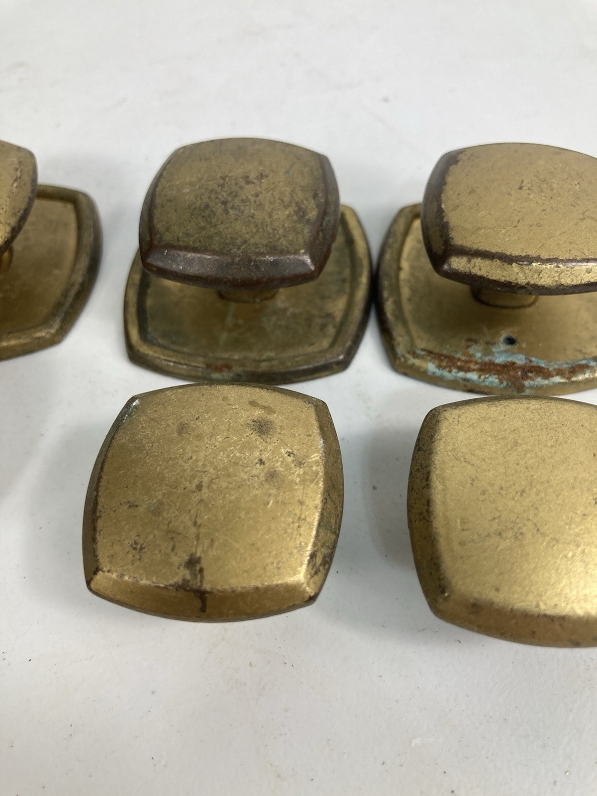 Vtg Gold Colored Square Drawer Knob Pulls Patina Lot of 8