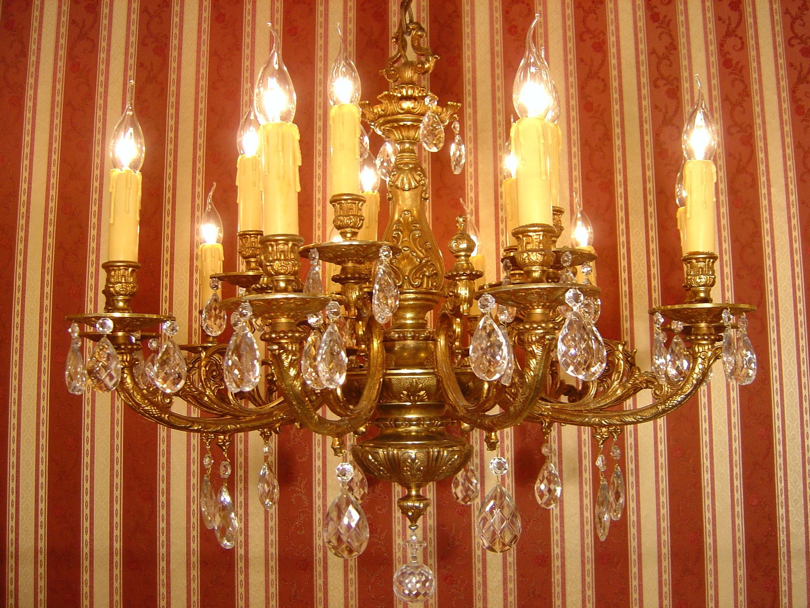 Antique Brass Chandelier 15 Lights Baroque Gold Bronze Crystal Ø32”