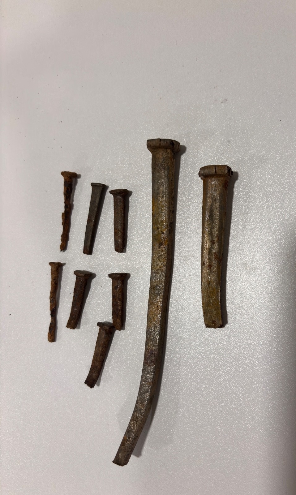 10 Old Hand Cut 6”, 3″, 1.25” & 1.5” vintage Square Head Nails, worn