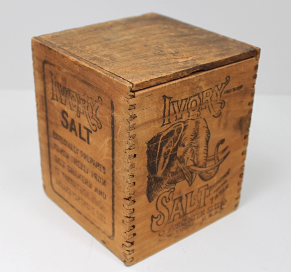 Ivory Salt: Perfection for the Table; Wooden Box with Elephant Logo