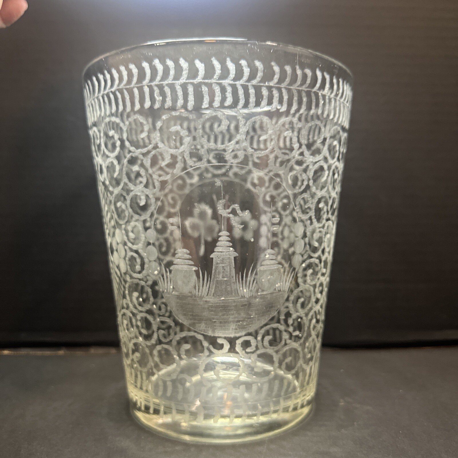 Antique Bohemian Czech Glass Clear 8” Etched Castle Birds Floral