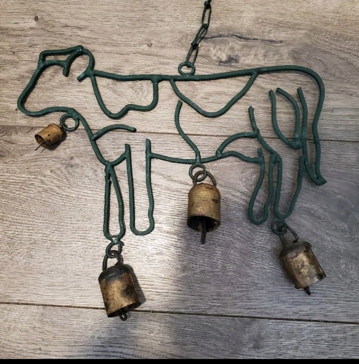 VTG Iron Country Cow Brass Windchime Old Brass Bells Folk Art Farmhouse Rustic