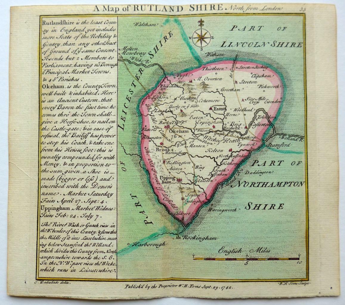 RUTLAND BY BADESLADE & TOMS c1742 GENUINE ANTIQUE ORIGINAL HAND COLOURING