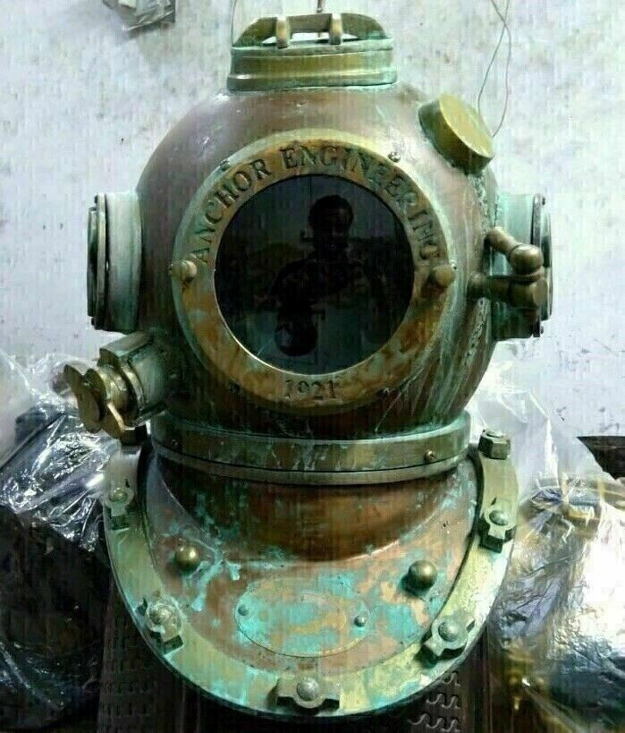 Antique Brass Diving Helmet Anchor Engineering Rustic Nautical Decor US Navy Art