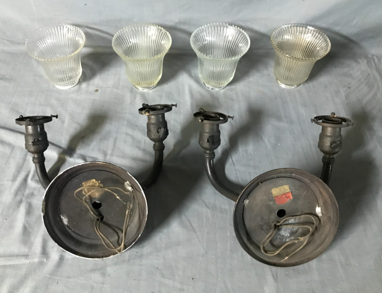 Pair Antique Gothic Mission Brass Double Glass Sconce Interior Lights 1211-25B