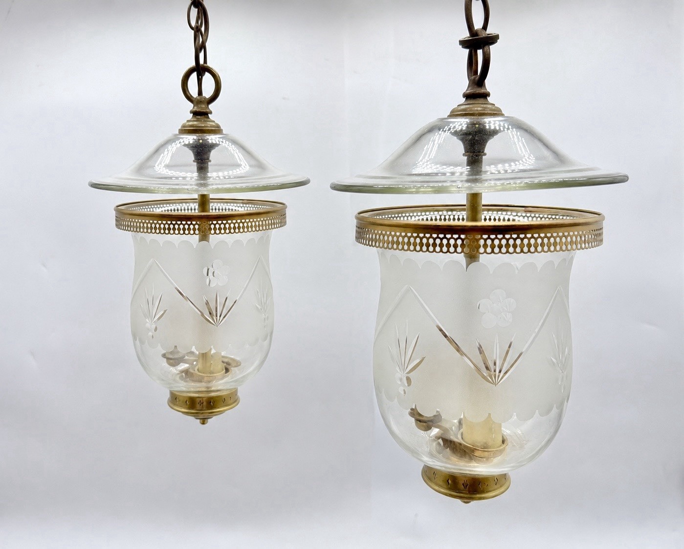 Vintage Lightolier “After Sunset” Etched Glass Bell Jar Lanterns – Matching Pair