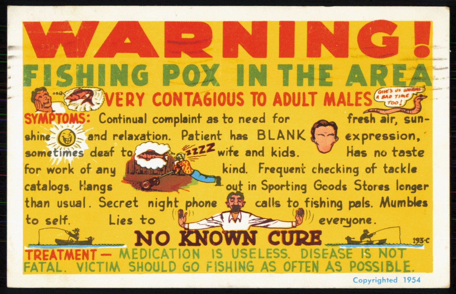 Warning! Fishing Pox In The Area Very Contagious To Adult Males Postcard