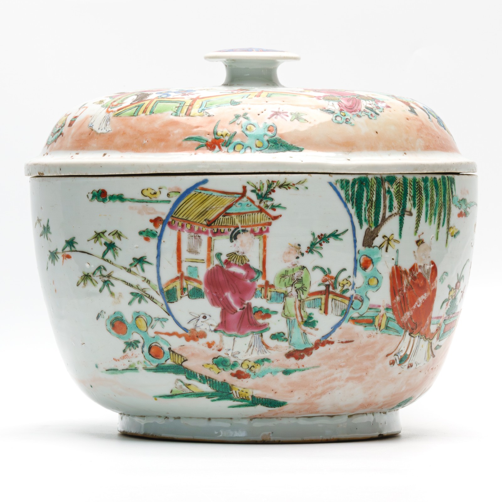 Chinese Porcelain Pot Cover Mandarin Rose Gilt Romance Scene Xixiang Ji Qing 19C