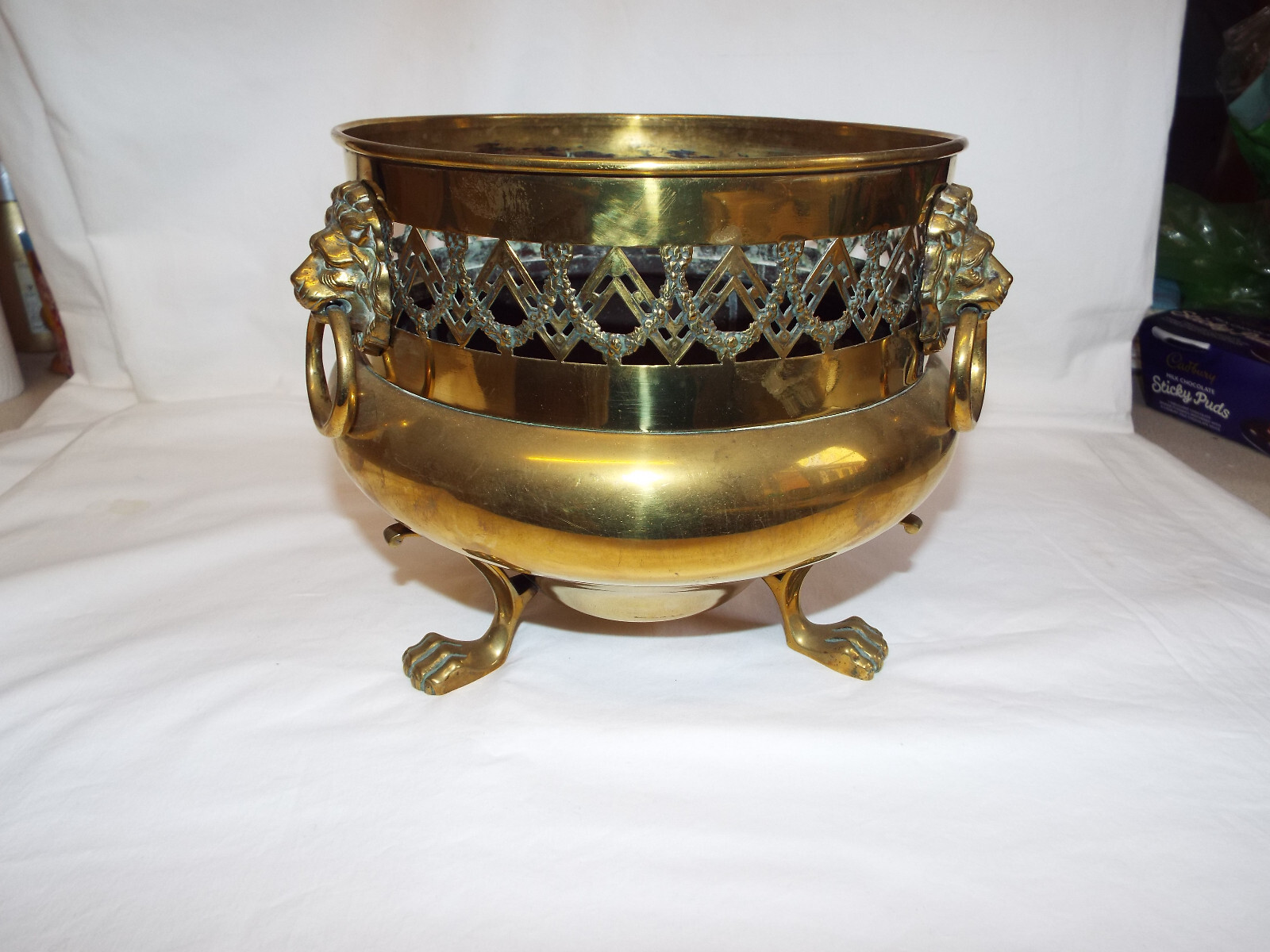 Antique William Soutter & Sons brass planter with Lion mask handles & paw feet