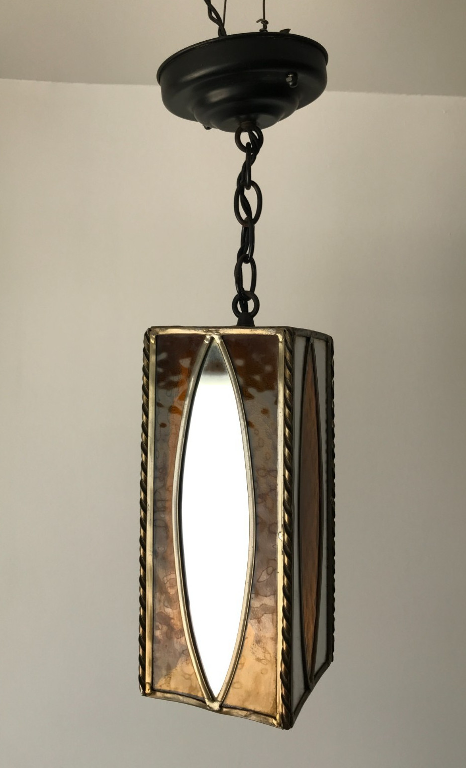 VTG MCM Amber Leaded Glass & Mirror Arts & Crafts Light Fixture Old 984-26B