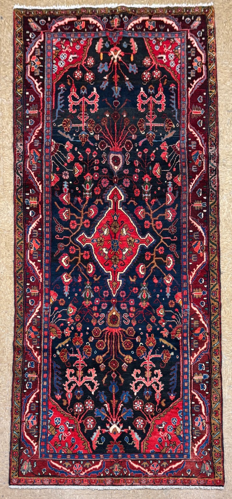 Vintage Hamedan Hand Knotted Wool Runner Rug Navy Tribal Geometric 4×11 ft