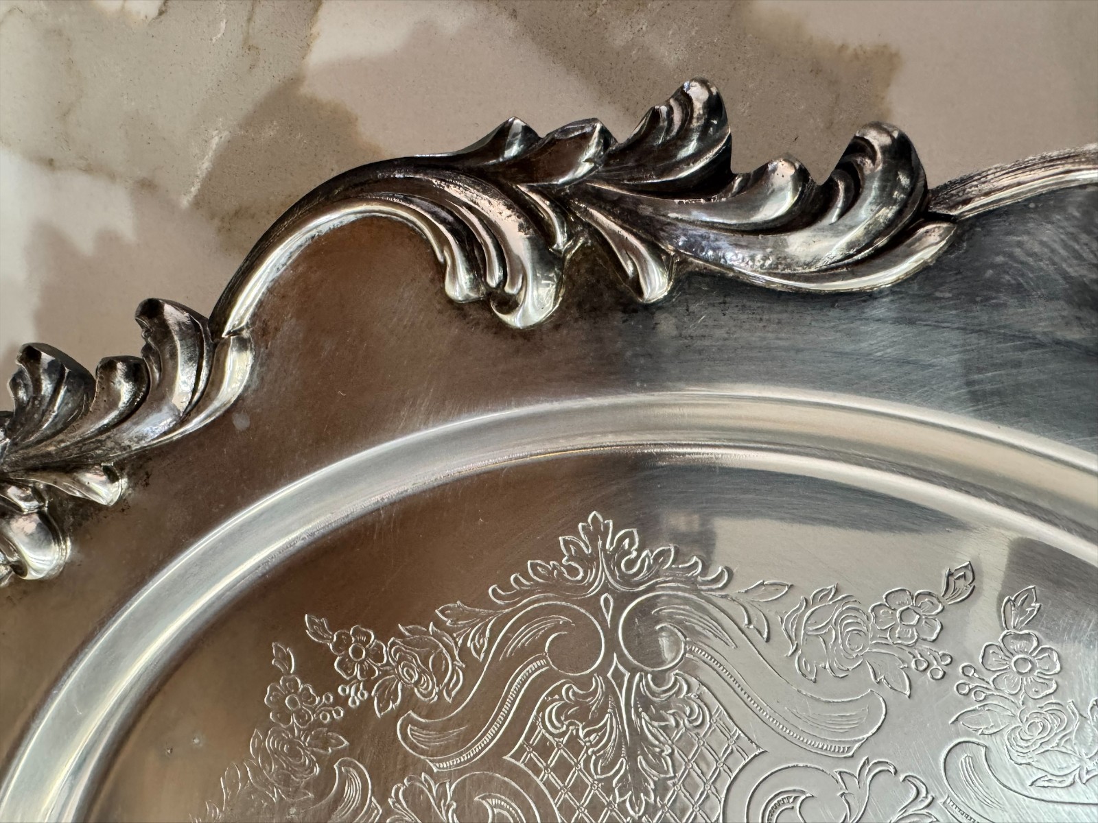 Silverplated Round Serving Tray Ornate Scroll Edge Etched Floral Center 14.5″
