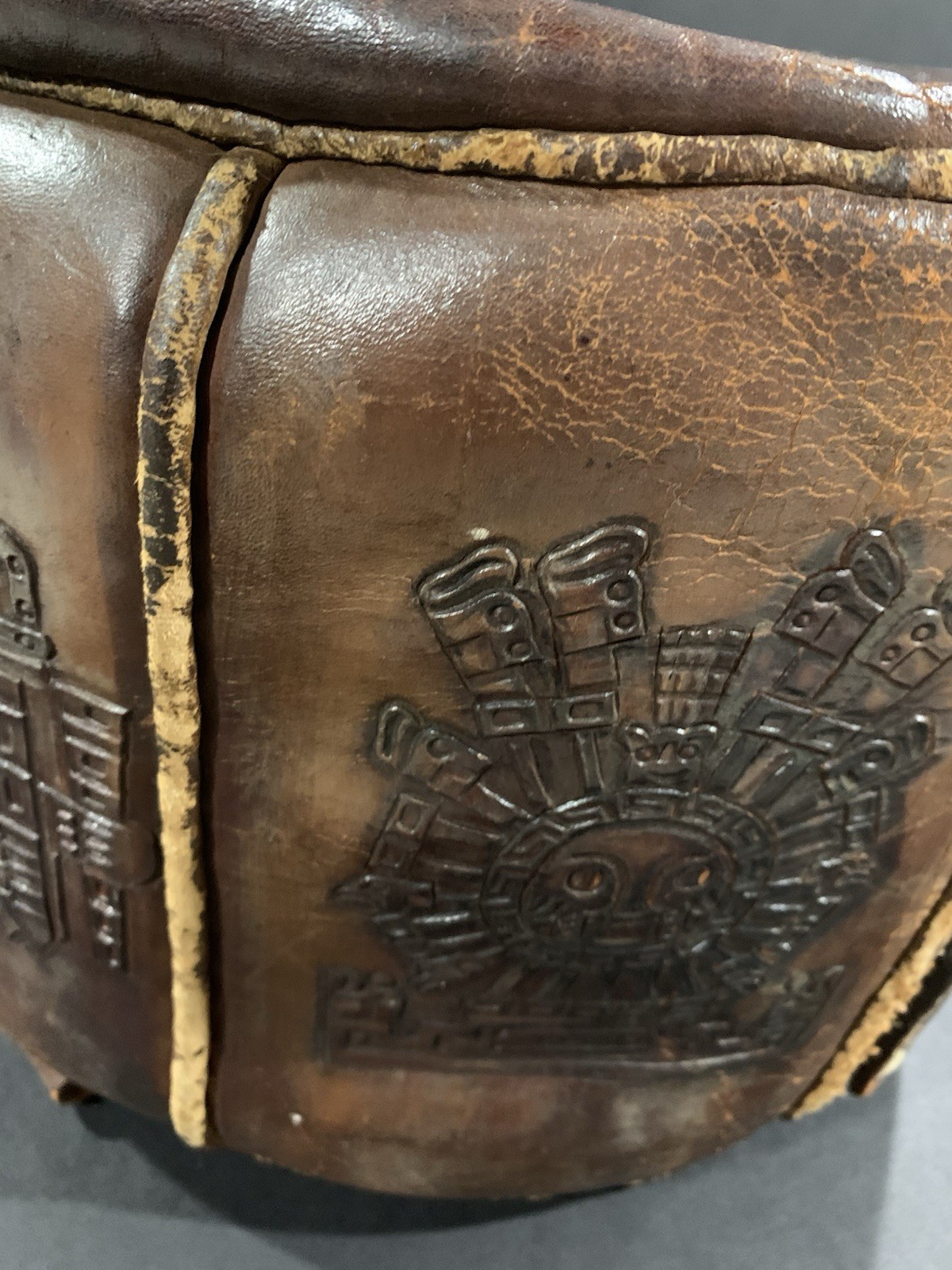 Vtg Hand Tooled Peruvian Leather Ottoman Foot Stool PreColumbian Warrior Glyphs