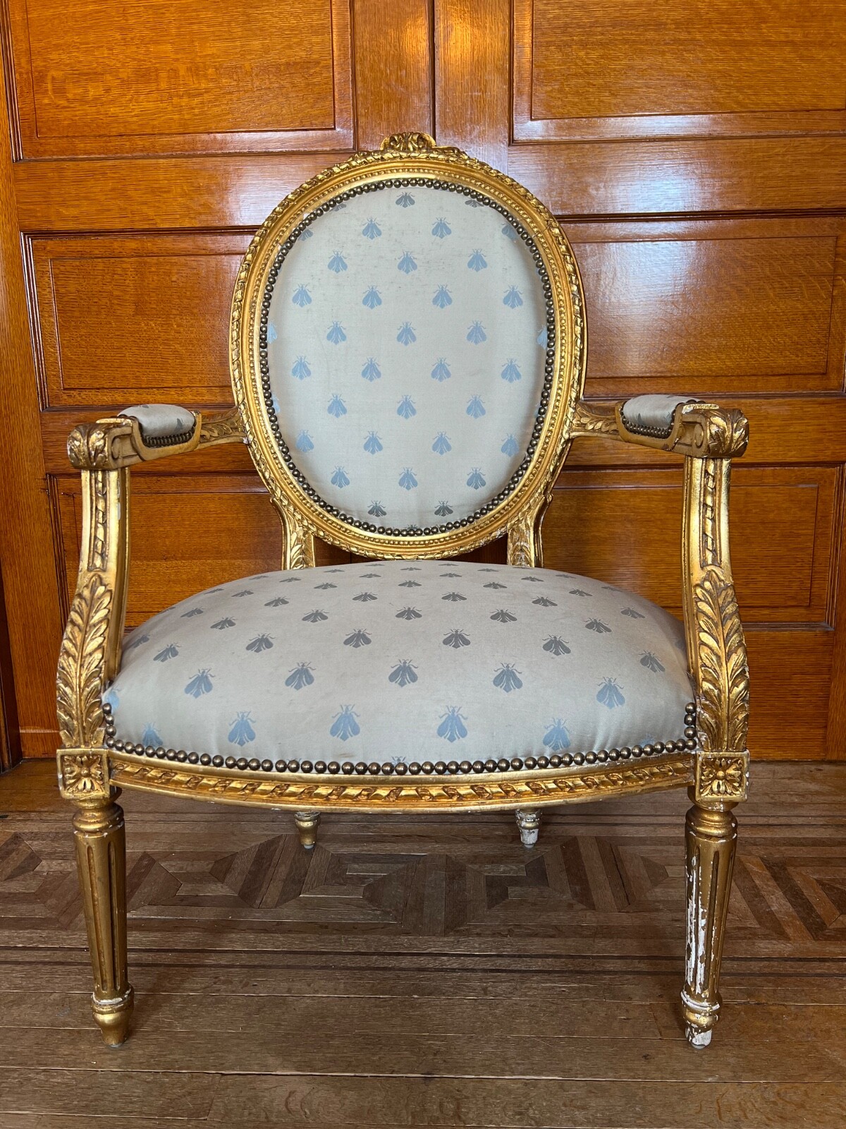 19th Century Louis XVI Gilt Arm Chair in Napoleon Bee Silk