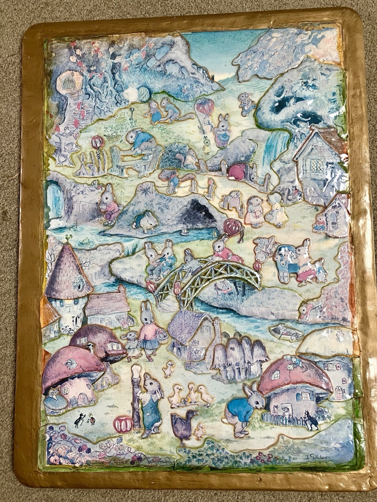 Antique Jean Gilder Peter Rabbit Wall Hanging from England