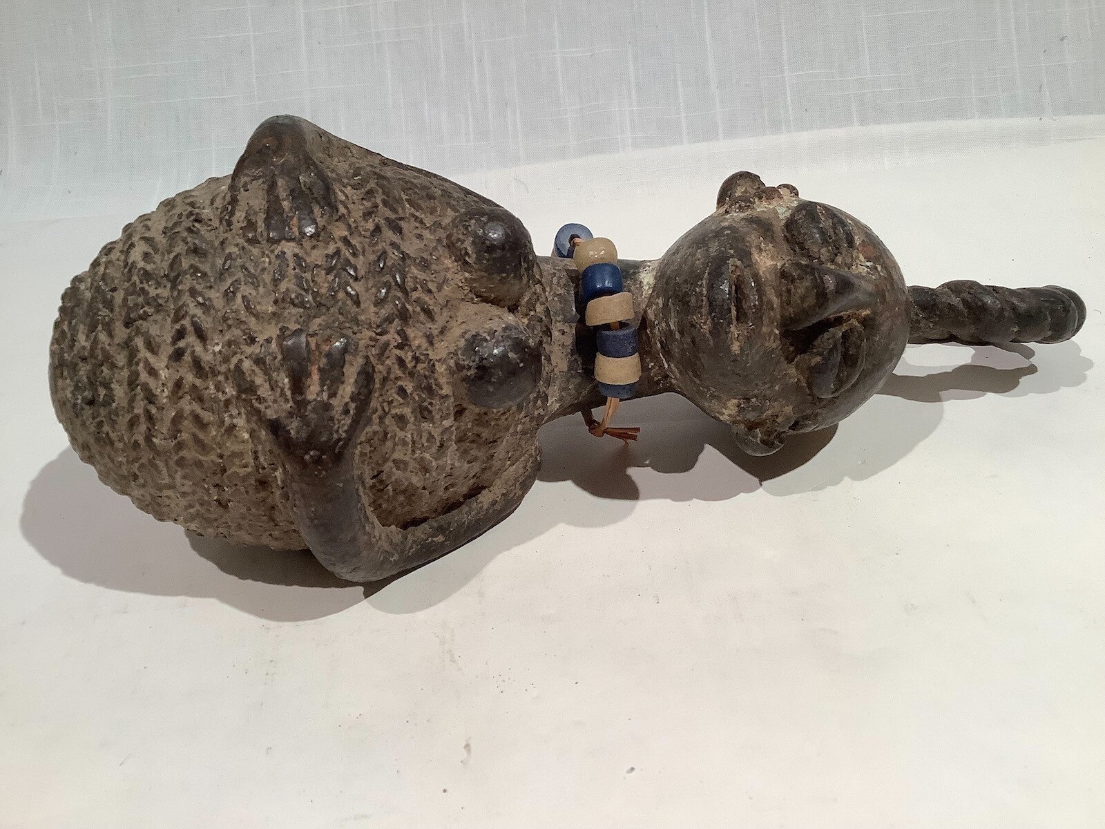 ANTIQUE AFRICAN BRONZE FERTILITY FIGURE PREGNANT WOMAN IN BASKET, 9.5 in 3.5 lb