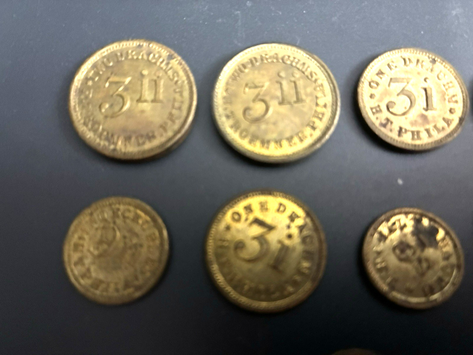 10 Antique Henry Troemner Apothecary Drachms Tokens, Philadelphia, 17mm to 22mm