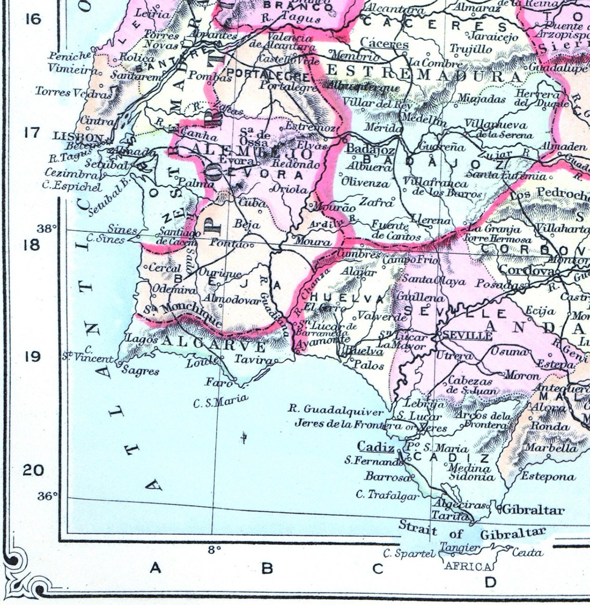 1896 Johnson Map Spain Portugal Madrid Lisbon Toledo Seville Granada Braga Porto