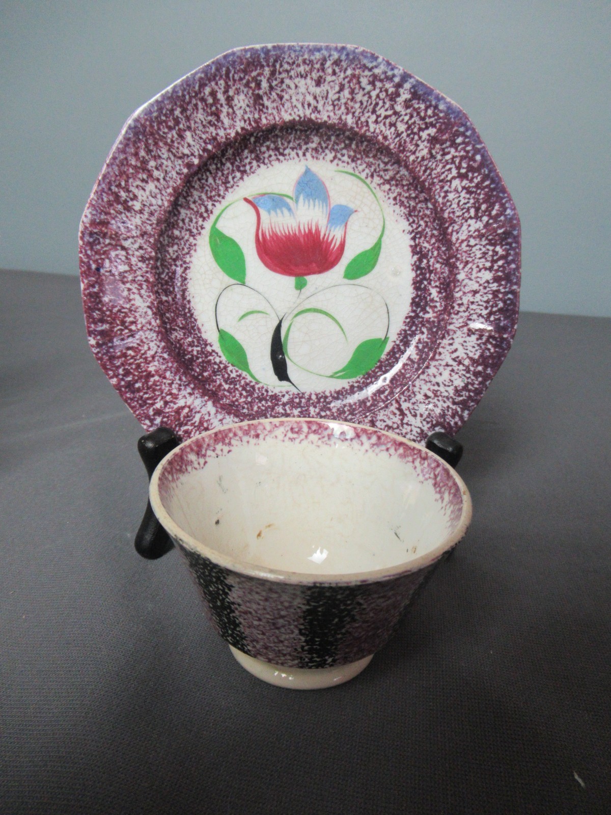 Gaudy Dutch Spatterware Cup Plate & Handless Cup Deep Plum & Black England – 251