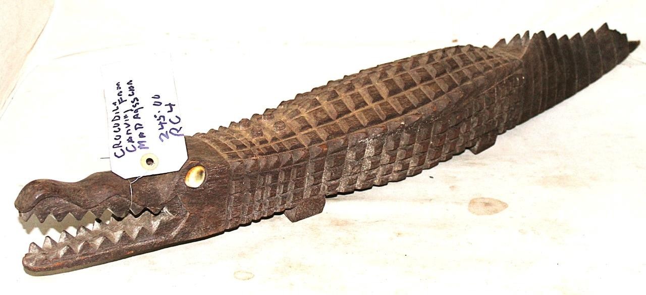 Vintage Wood Carved 31″L Full Body Crocodile Sculpture from Africa Madagascar